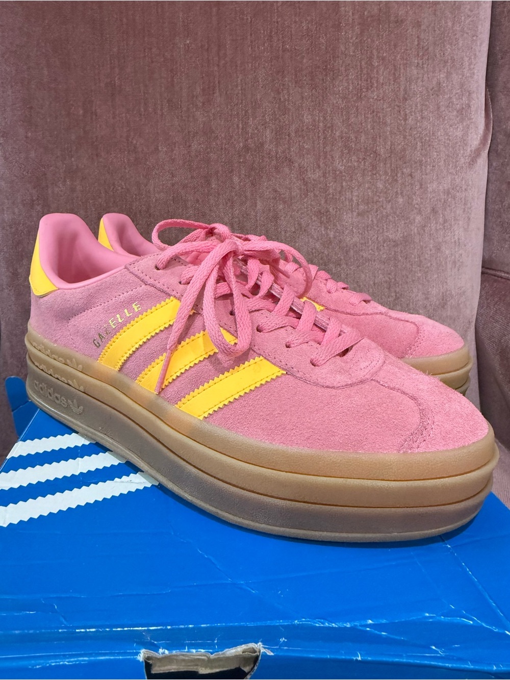 adidas Gazelle Platform Suede Sneakers - Pink with Yellow Accents